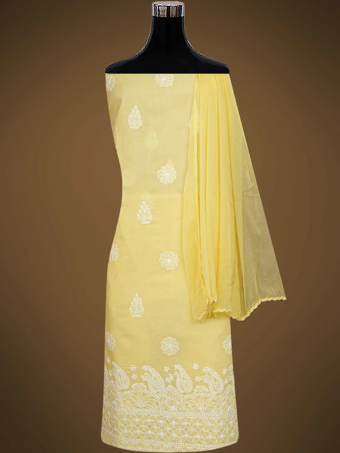 Ada Hand Embroidered Yellow Cotton Lucknowi Chikankari Unstitched Suit Piece 01A819053