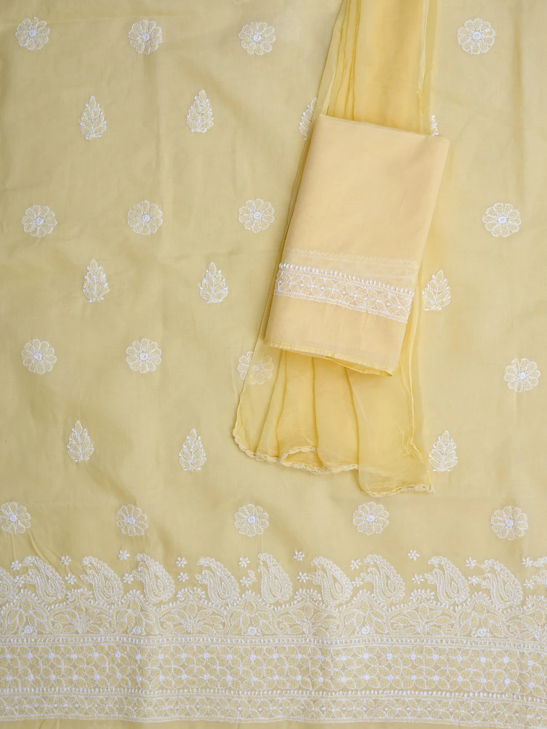 Ada Hand Embroidered Yellow Cotton Lucknowi Chikankari Unstitched Suit Piece 01A819053