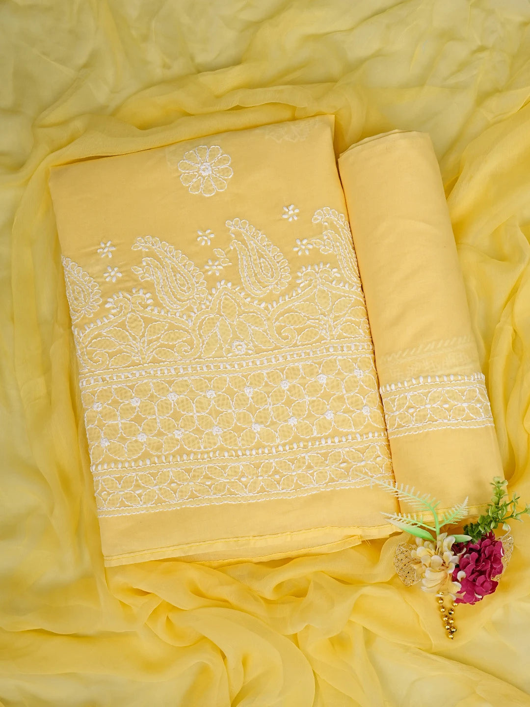 Ada Hand Embroidered Yellow Cotton Lucknowi Chikankari Unstitched Suit Piece 01A819053