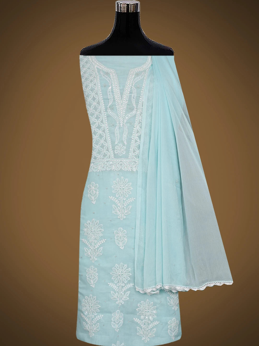 Ada Hand Embroidered Sky Blue Cotton Lucknowi Chikankari Unstitched Suit Piece With Pearl Work 01A751965