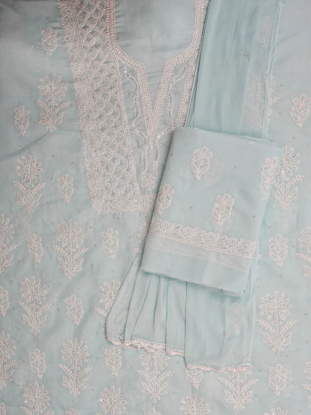 Ada Hand Embroidered Sky Blue Cotton Lucknowi Chikankari Unstitched Suit Piece With Pearl Work 01A751965