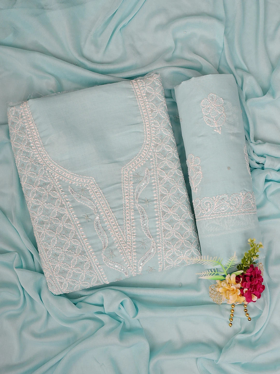 Ada Hand Embroidered Sky Blue Cotton Lucknowi Chikankari Unstitched Suit Piece With Pearl Work 01A751965