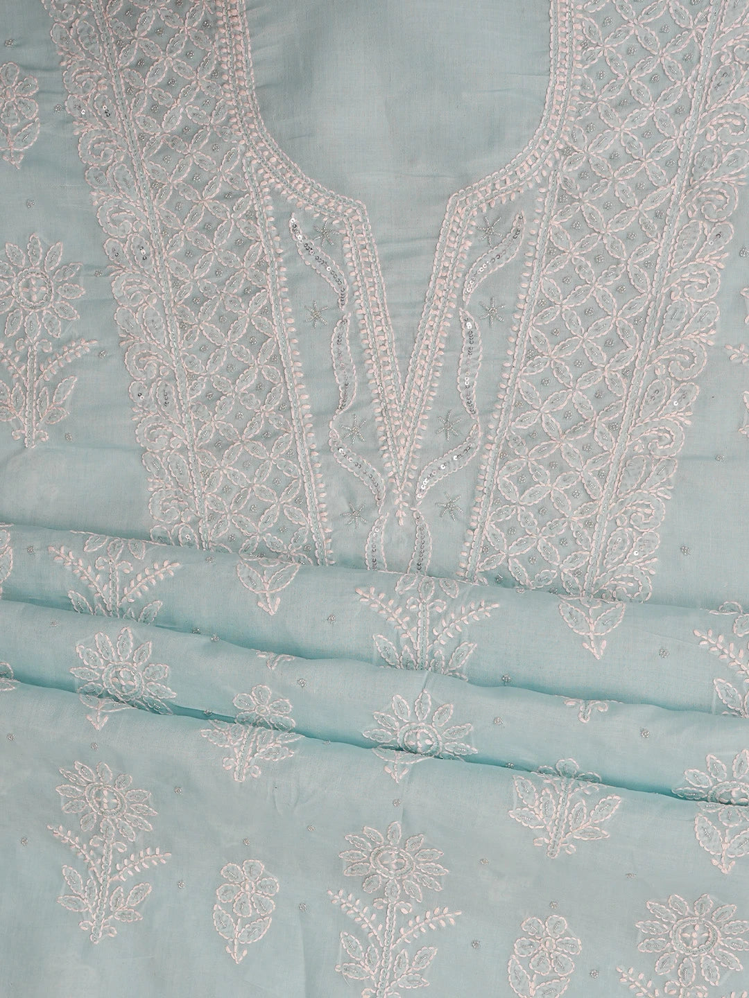 Ada Hand Embroidered Sky Blue Cotton Lucknowi Chikankari Unstitched Suit Piece With Pearl Work 01A751965