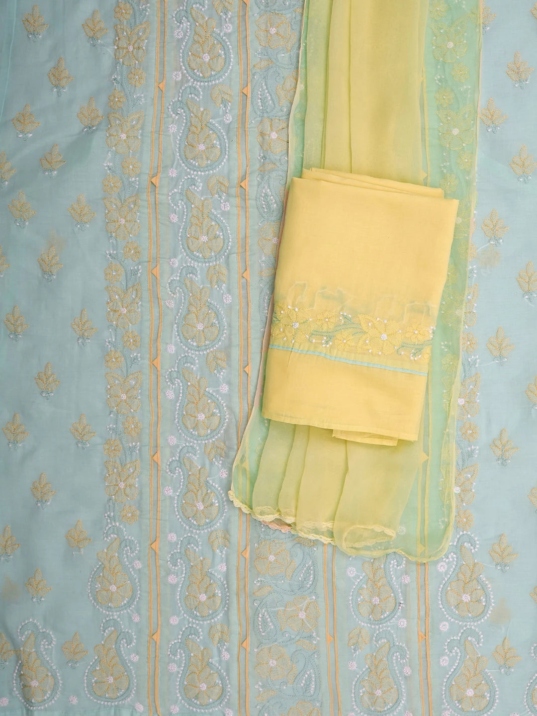 Ada Hand Embroidered Sea Green Cotton Lucknowi Chikankari Unstitched Suit Piece 01A821868