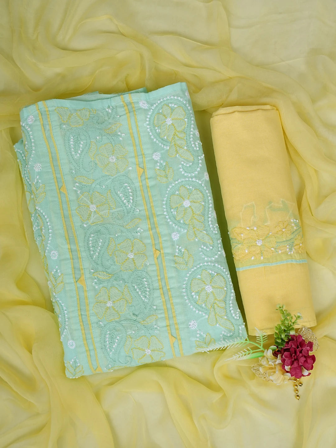 Ada Hand Embroidered Sea Green Cotton Lucknowi Chikankari Unstitched Suit Piece 01A821868