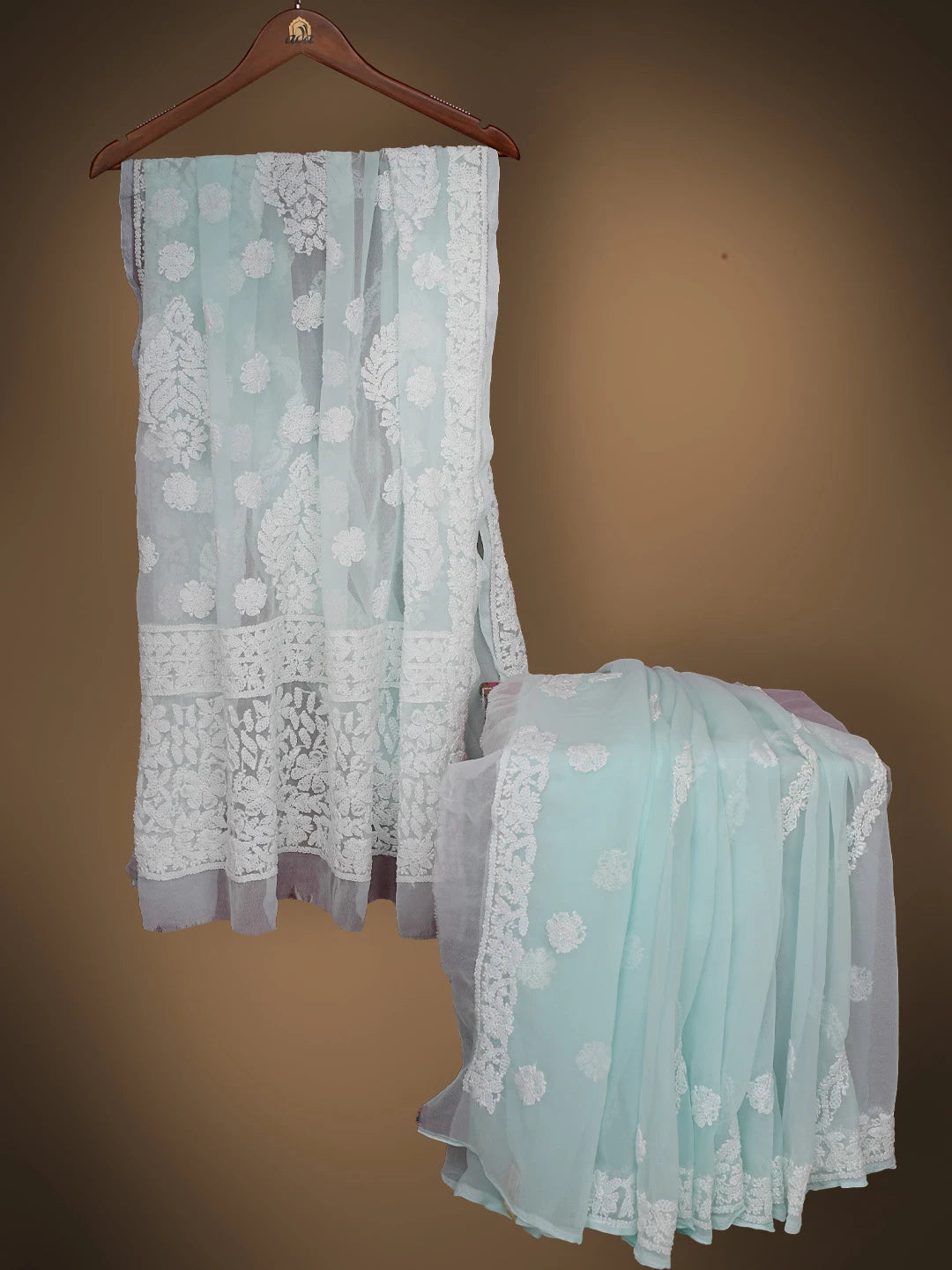 Ada Hand Embroidered Sea Green Georgette Lucknowi Chikankari Saree With Blouse 01A823485