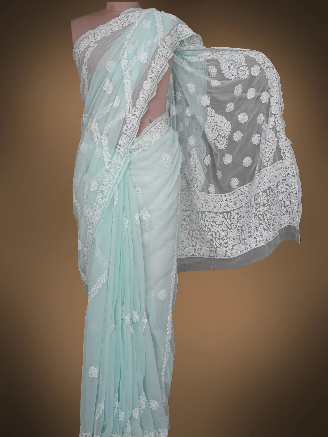 Ada Hand Embroidered Sea Green Georgette Lucknowi Chikankari Saree With Blouse 01A823485