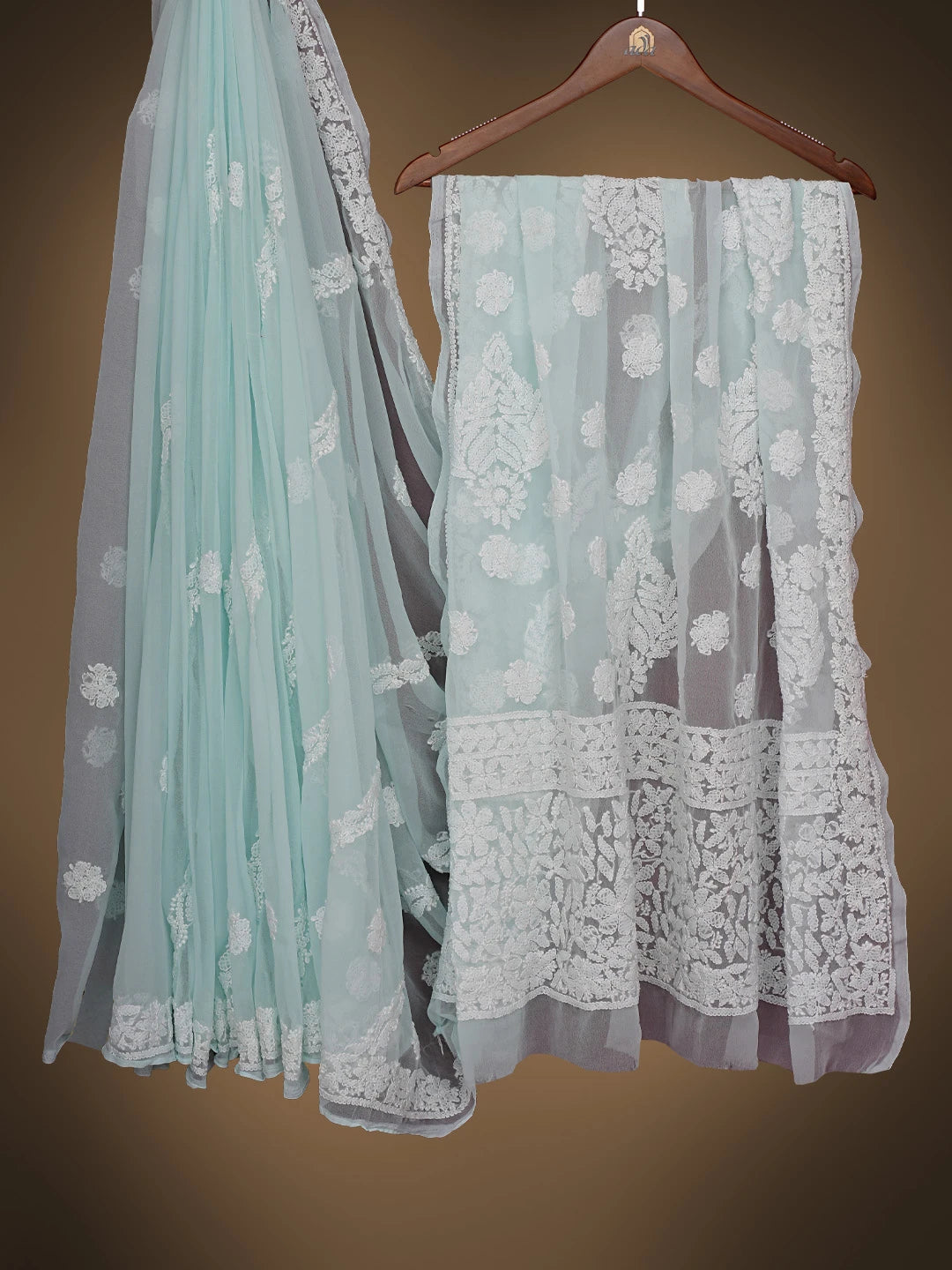 Ada Hand Embroidered Sea Green Georgette Lucknowi Chikankari Saree With Blouse 01A823485