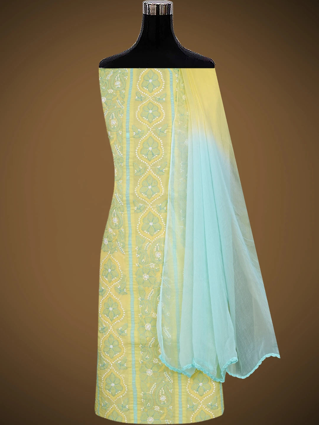 Ada Hand Embroidered Yellow Cotton Lucknowi Chikankari Unstitched Suit Piece 01A821874