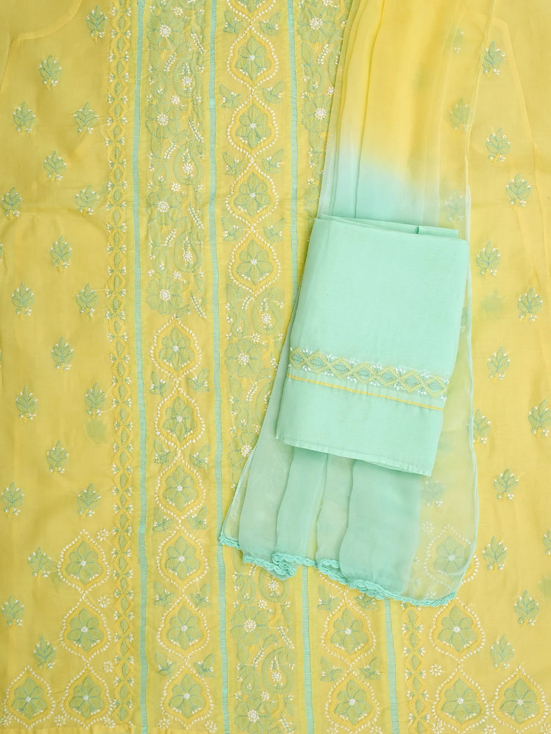 Ada Hand Embroidered Yellow Cotton Lucknowi Chikankari Unstitched Suit Piece 01A821874