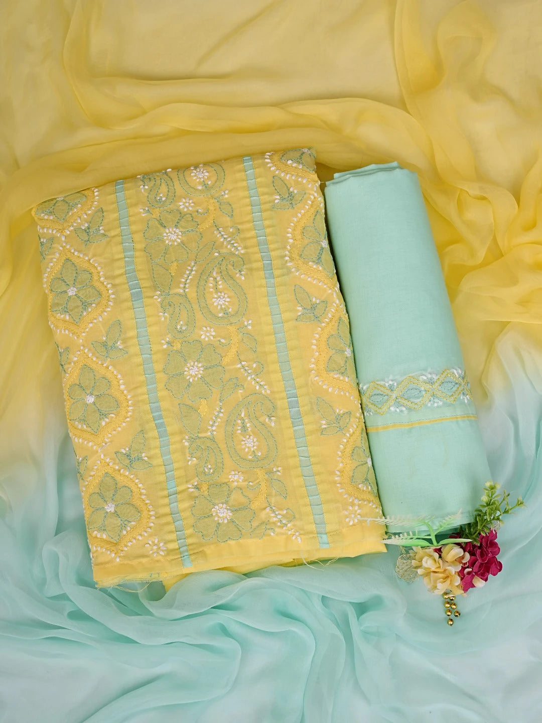 Ada Hand Embroidered Yellow Cotton Lucknowi Chikankari Unstitched Suit Piece 01A821874
