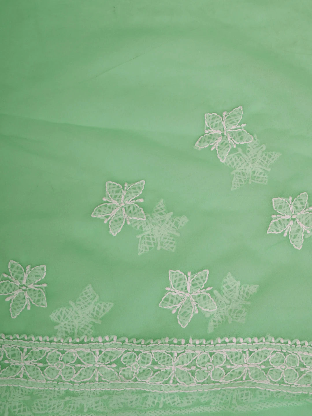 Ada Hand Embroidered Green Georgette Lucknowi Chikankari Saree With Blouse 01A823487