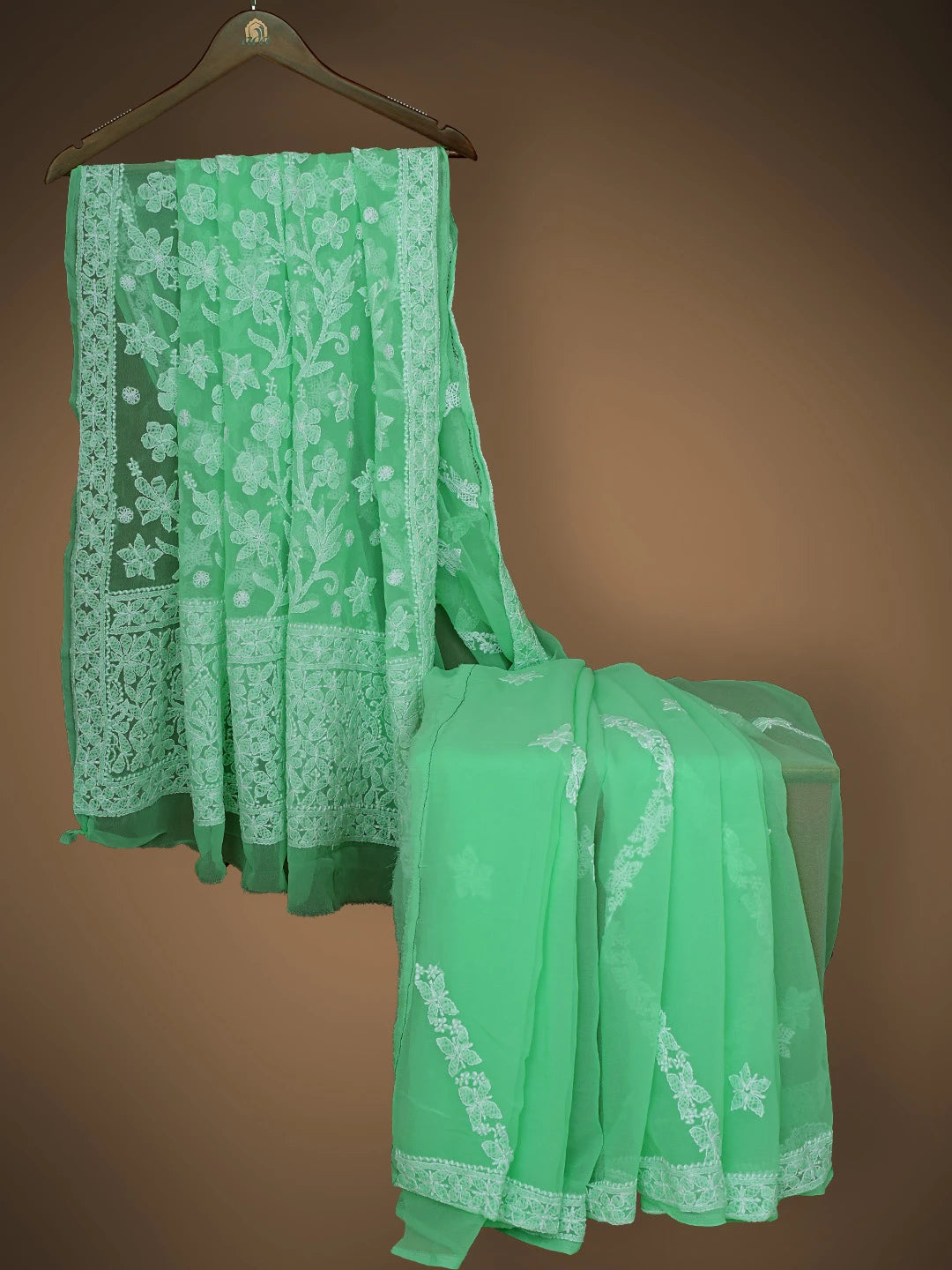 Ada Hand Embroidered Green Georgette Lucknowi Chikankari Saree With Blouse 01A823487