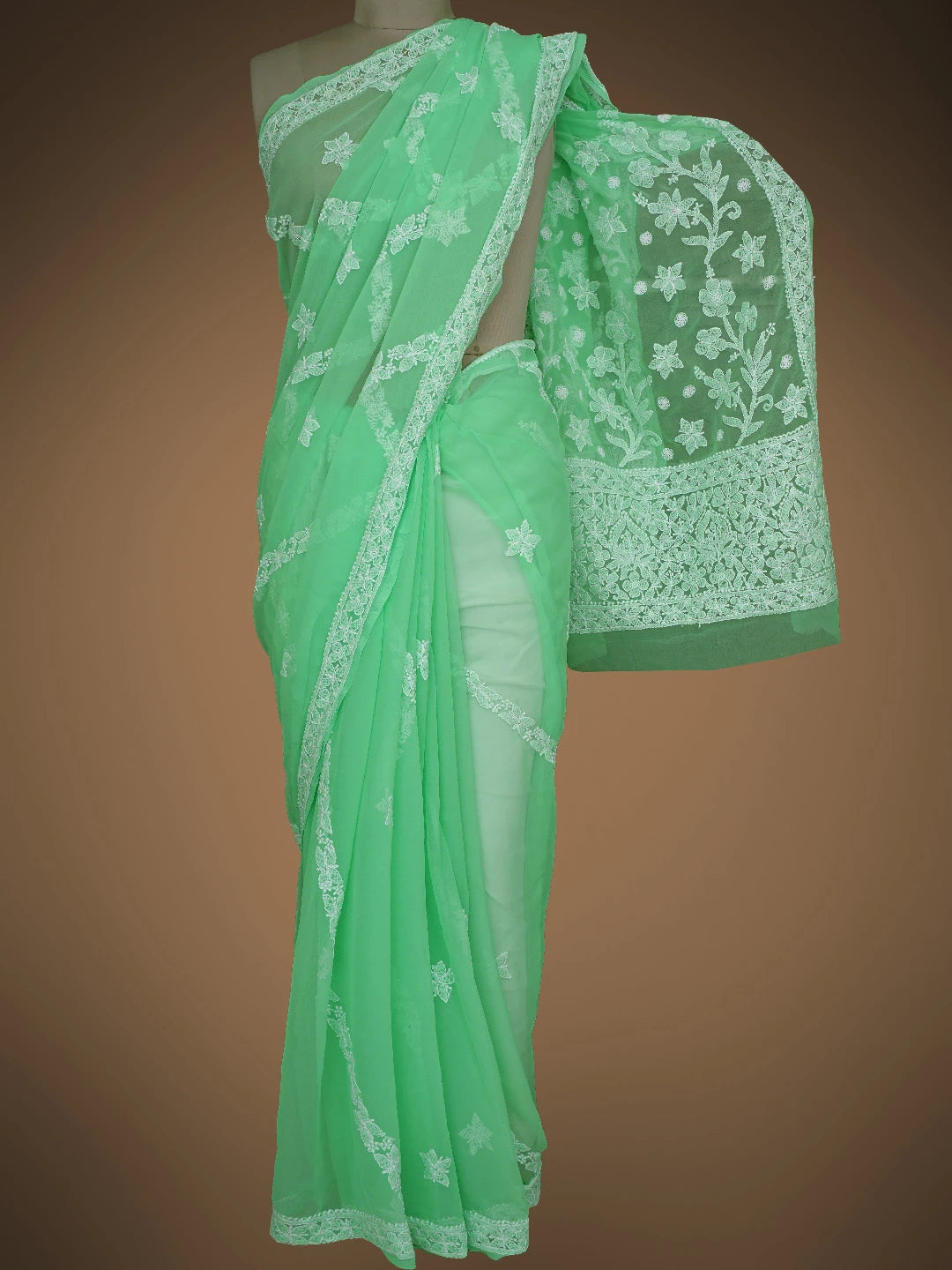 Ada Hand Embroidered Green Georgette Lucknowi Chikankari Saree With Blouse 01A823487