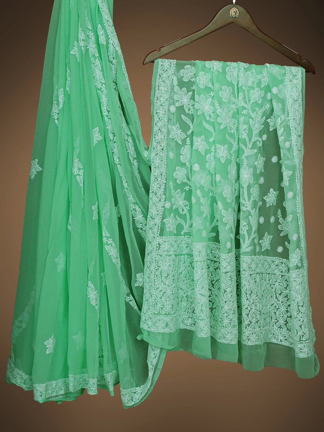 Ada Hand Embroidered Green Georgette Lucknowi Chikankari Saree With Blouse 01A823487