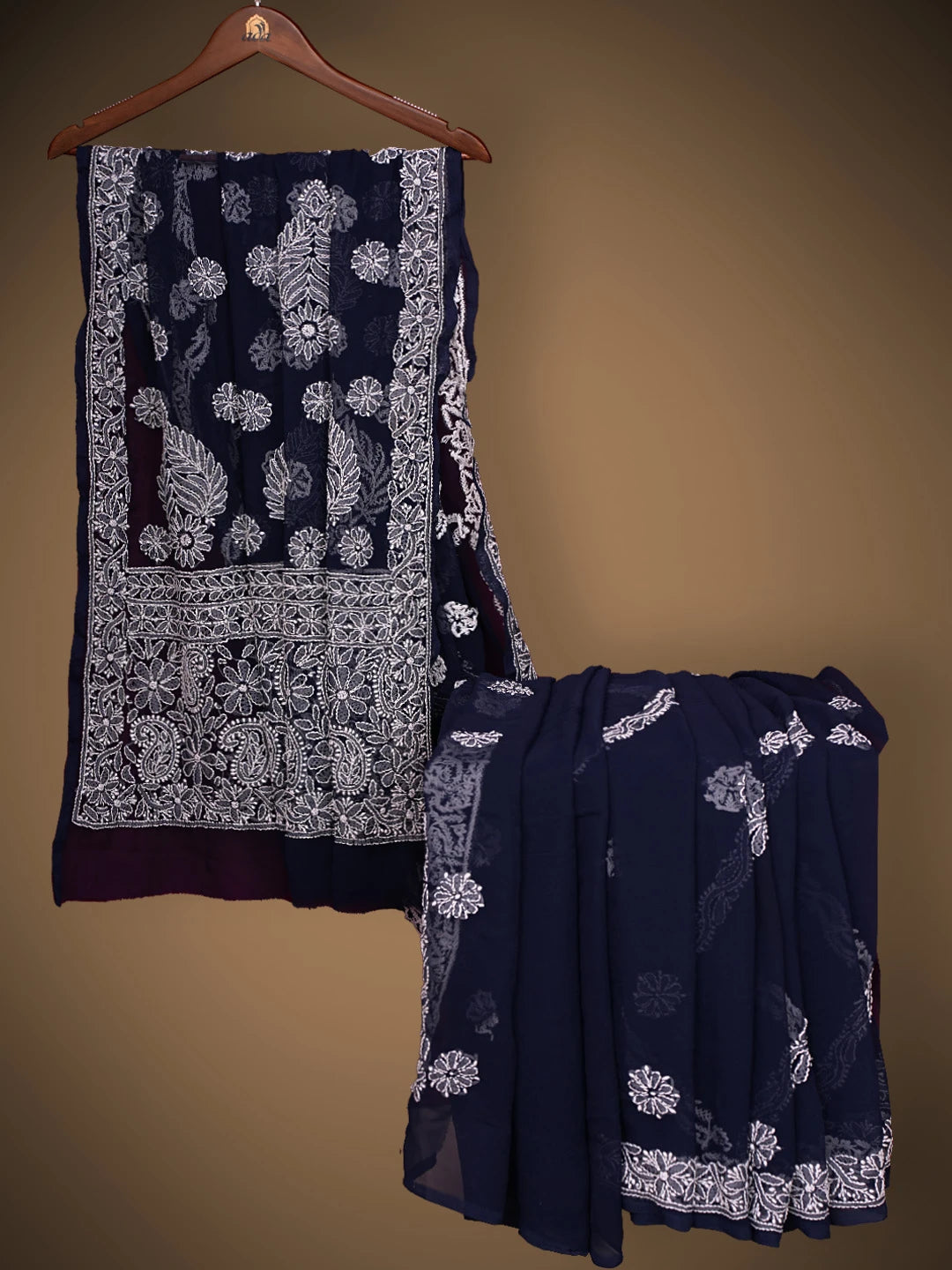 Ada Hand Embroidered Navy Blue Georgette Lucknowi Chikankari Saree With Blouse 01A823492