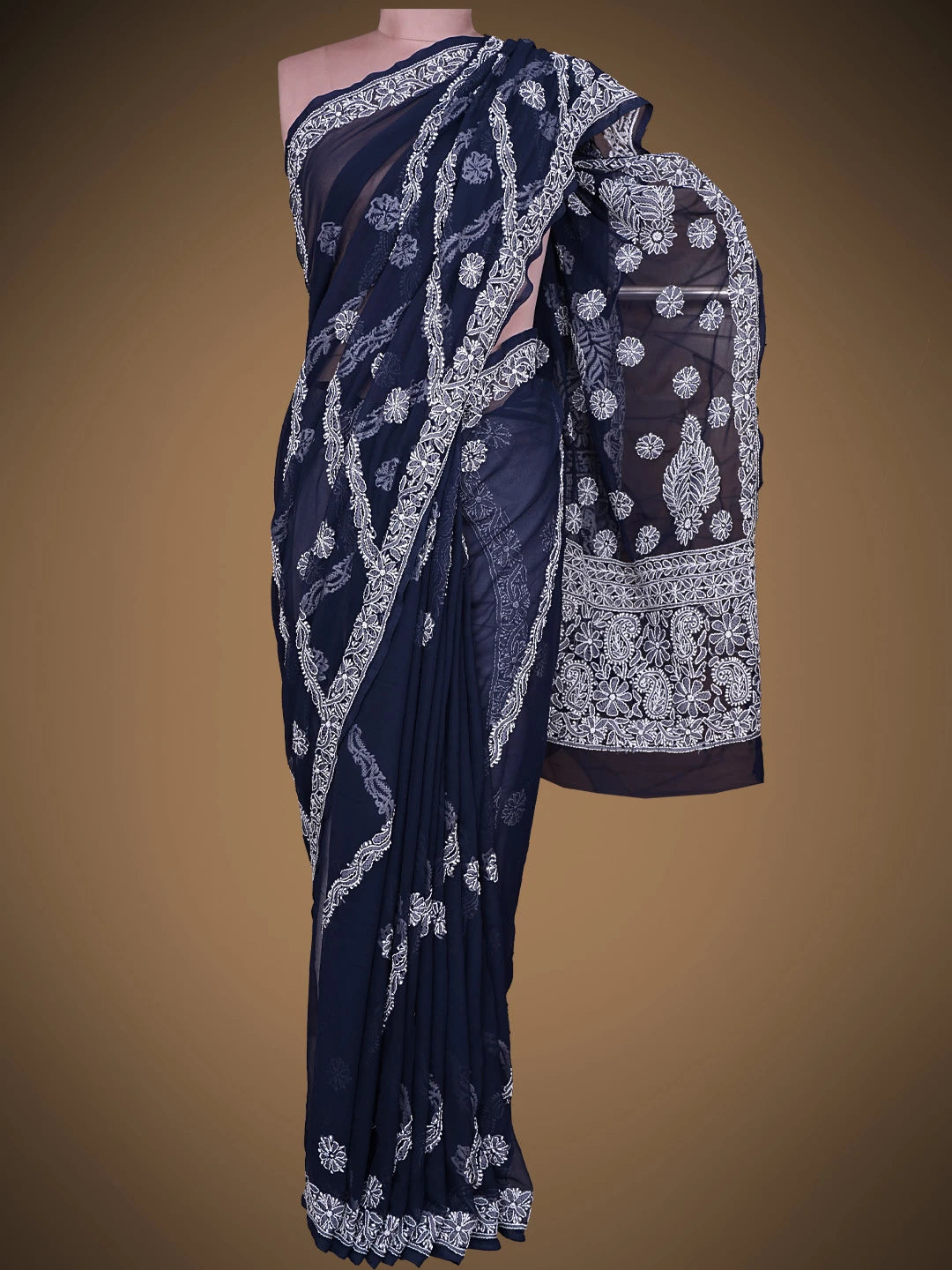 Ada Hand Embroidered Navy Blue Georgette Lucknowi Chikankari Saree With Blouse 01A823492