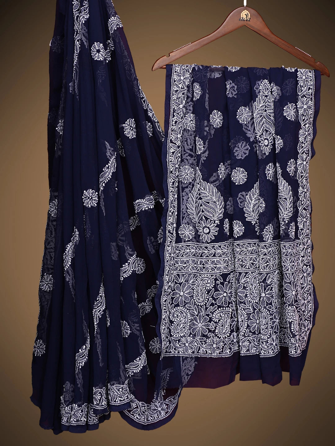 Ada Hand Embroidered Navy Blue Georgette Lucknowi Chikankari Saree With Blouse 01A823492