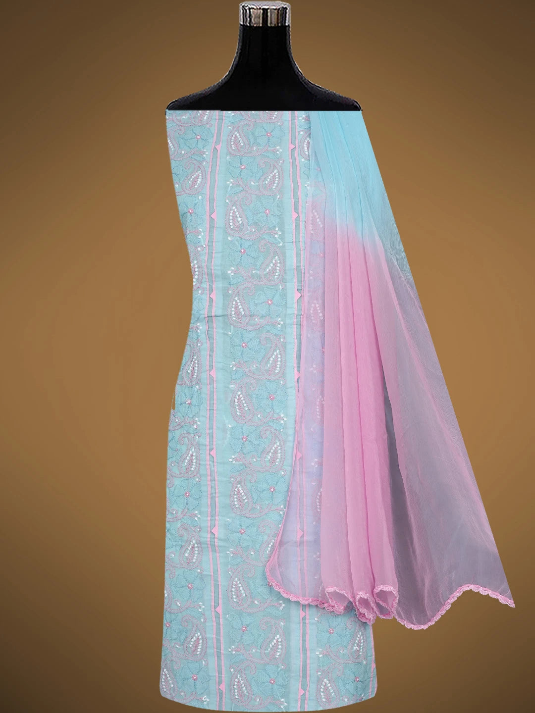 Ada Hand Embroidered Sky Blue Cotton Lucknowi Chikankari Unstitched Suit Piece 01A821866