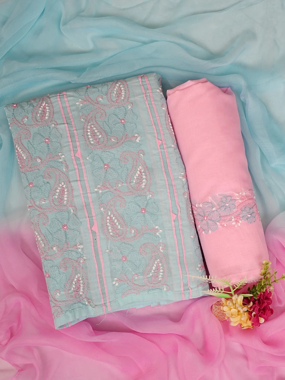 Ada Hand Embroidered Sky Blue Cotton Lucknowi Chikankari Unstitched Suit Piece 01A821866
