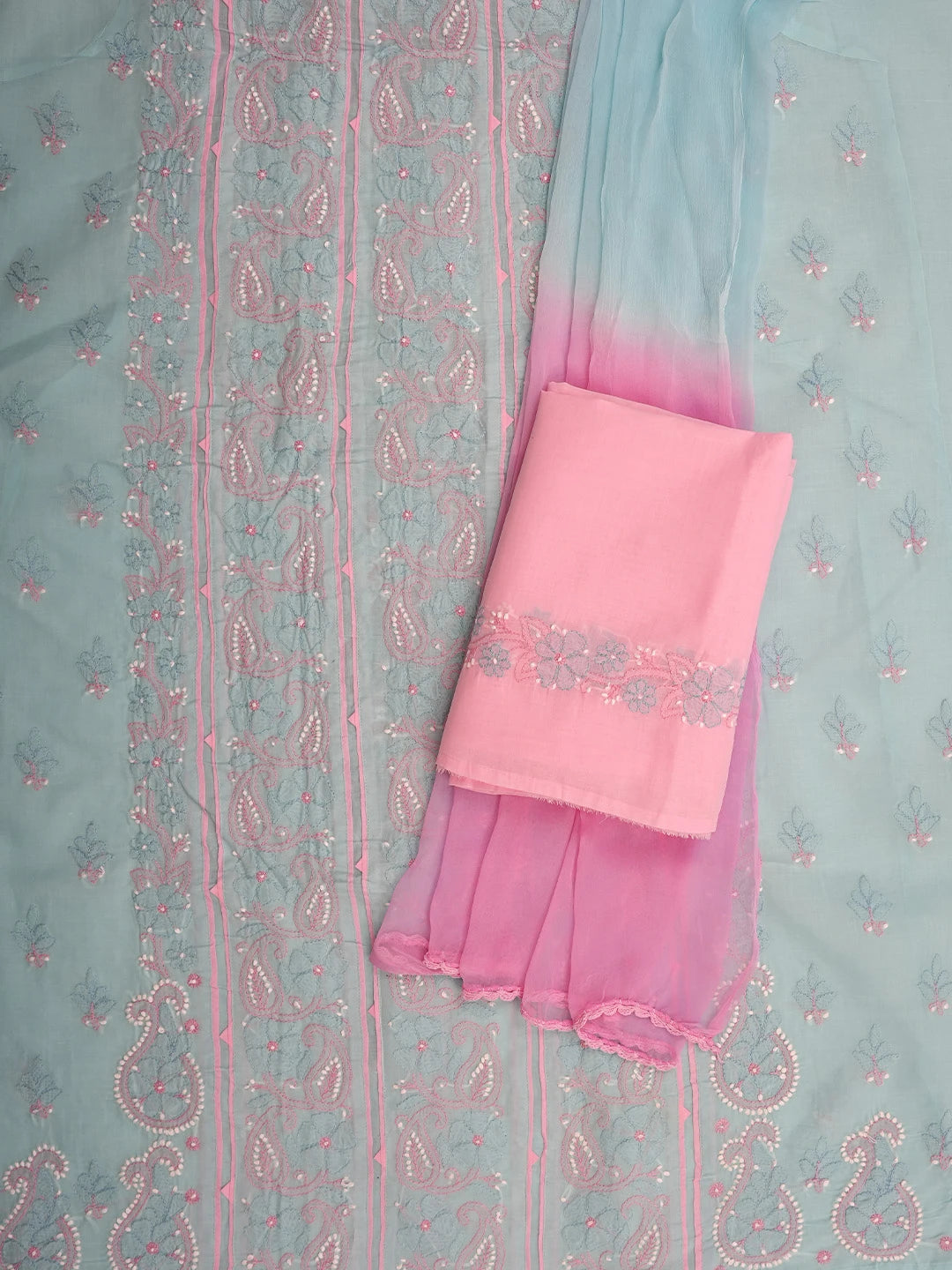 Ada Hand Embroidered Sky Blue Cotton Lucknowi Chikankari Unstitched Suit Piece 01A821866