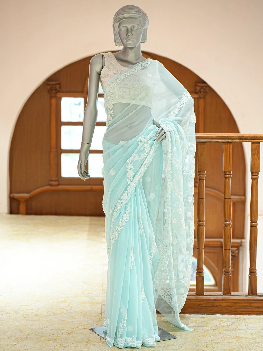Ada Hand Embroidered Sky Blue Georgette Lucknowi Chikankari Saree With Blouse 01A823479