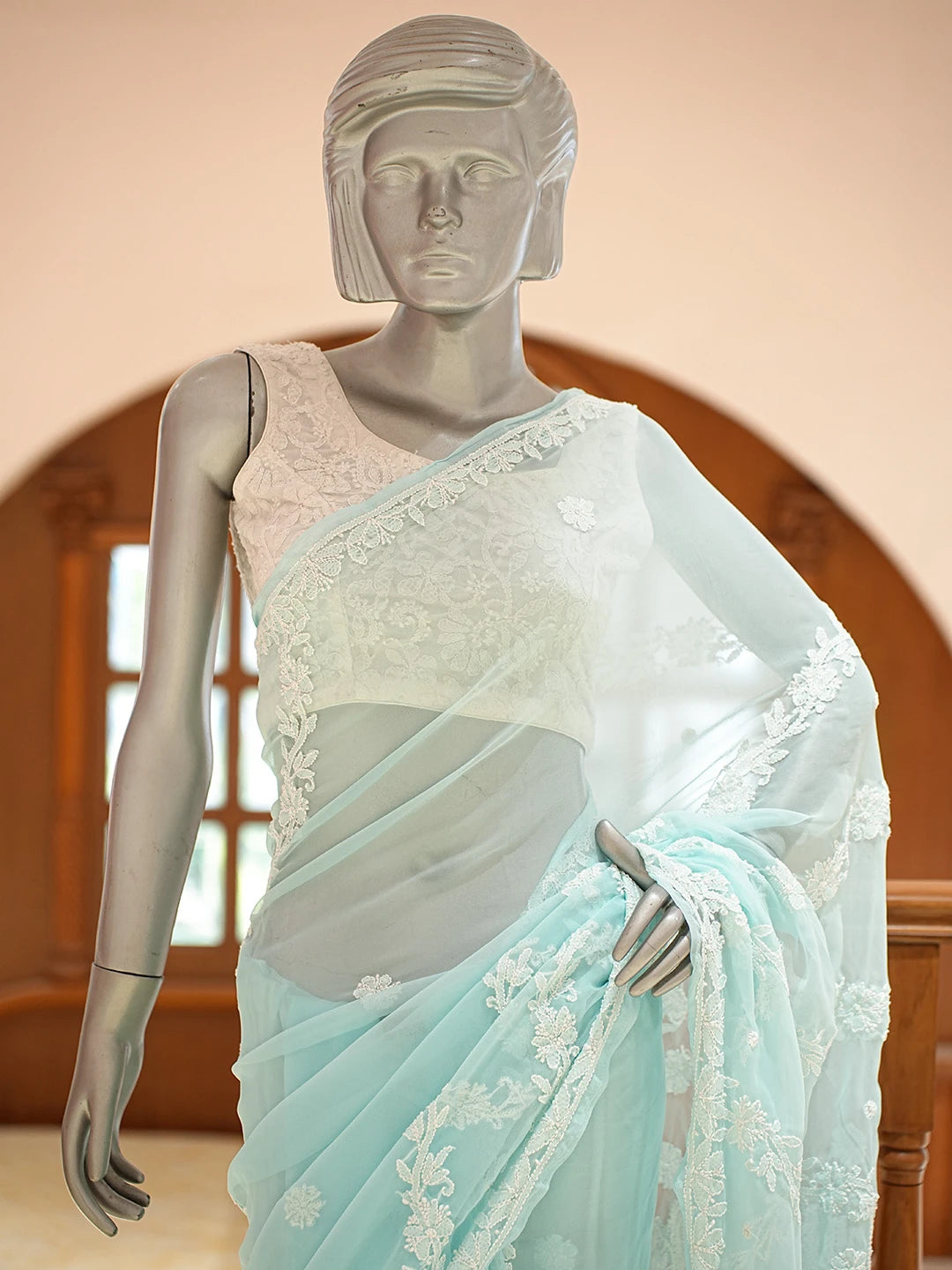 Ada Hand Embroidered Sky Blue Georgette Lucknowi Chikankari Saree With Blouse 01A823479