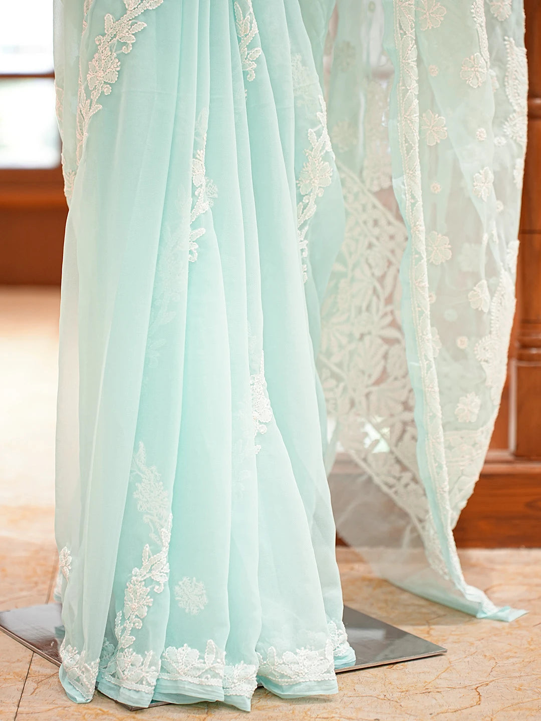 Ada Hand Embroidered Sky Blue Georgette Lucknowi Chikankari Saree With Blouse 01A823479