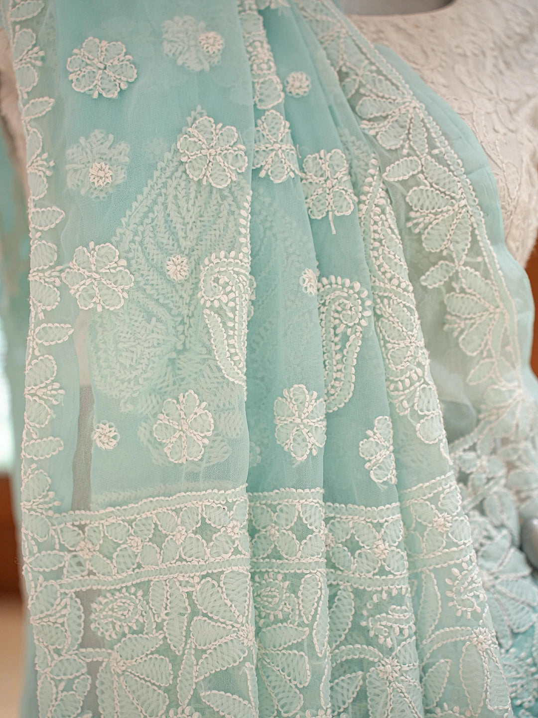Ada Hand Embroidered Sky Blue Georgette Lucknowi Chikankari Saree With Blouse 01A823479