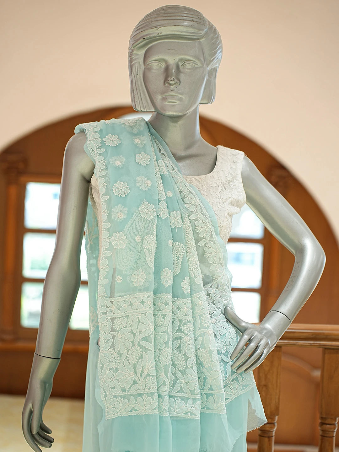 Ada Hand Embroidered Sky Blue Georgette Lucknowi Chikankari Saree With Blouse 01A823479