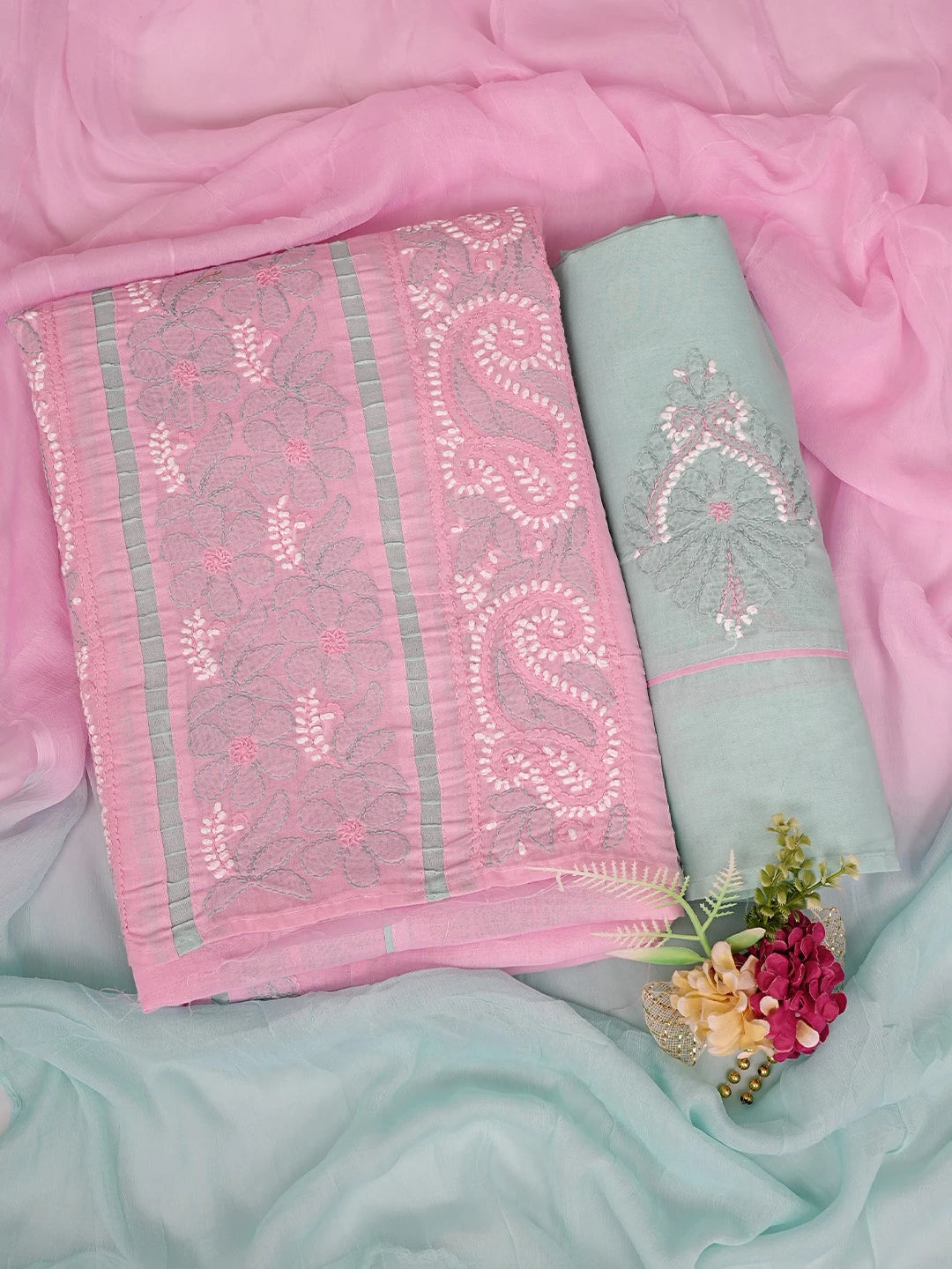 Ada Hand Embroidered Pink Cotton Lucknowi Chikankari Unstitched Suit Piece 08A500451