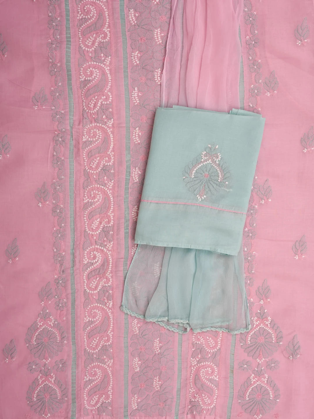 Ada Hand Embroidered Pink Cotton Lucknowi Chikankari Unstitched Suit Piece 08A500451
