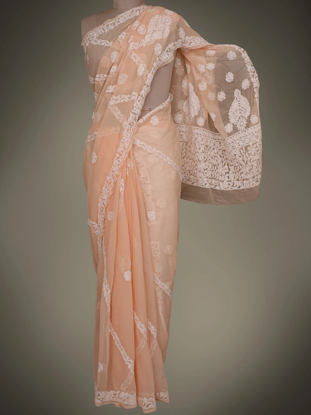 Ada Hand Embroidered Peach Georgette Lucknowi Chikankari Saree With Blouse 01A823482