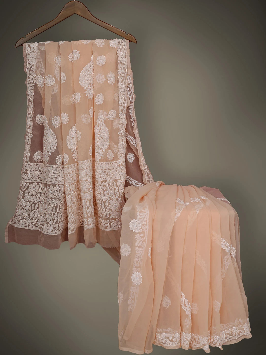 Ada Hand Embroidered Peach Georgette Lucknowi Chikankari Saree With Blouse 01A823482