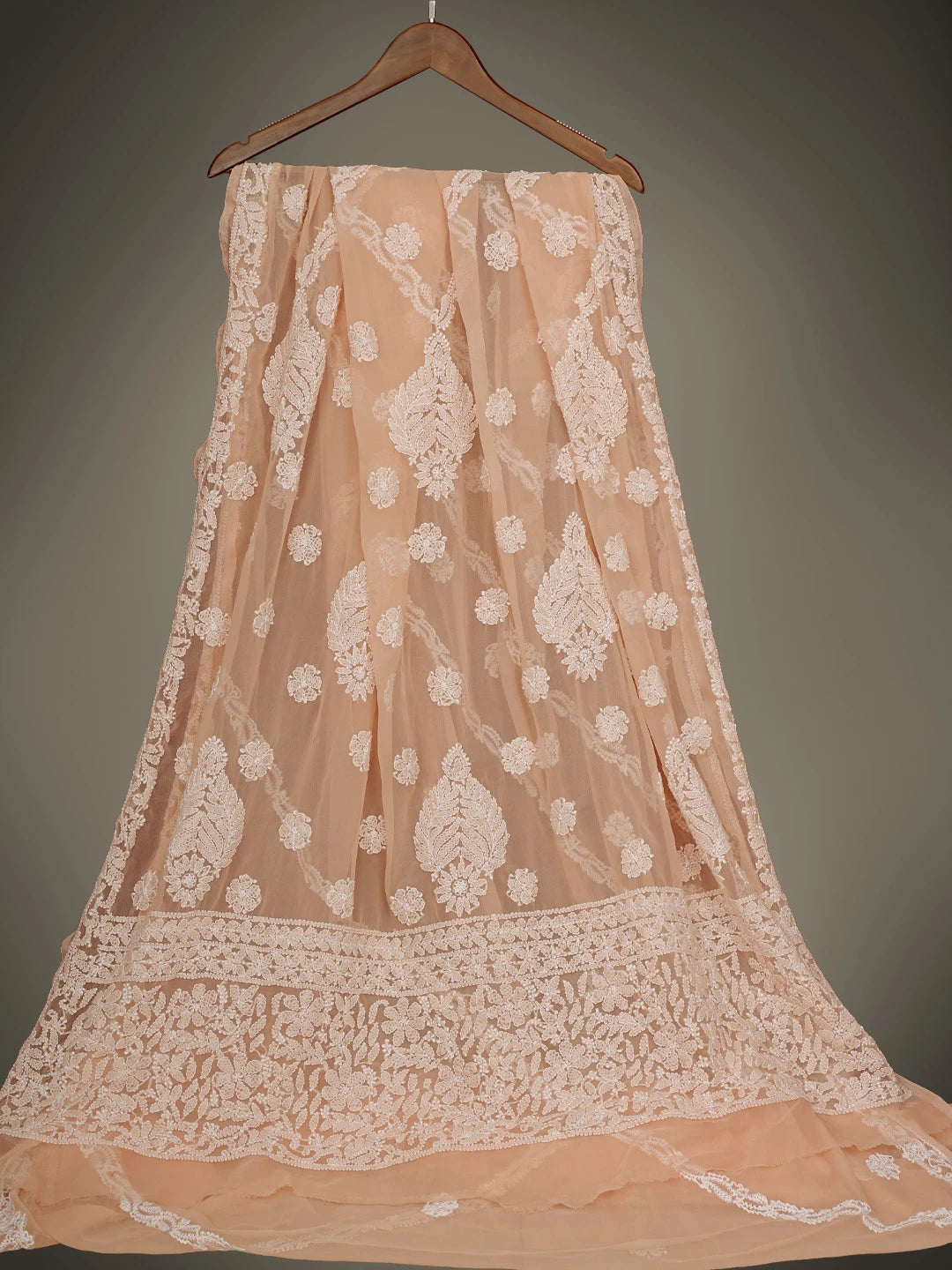 Ada Hand Embroidered Peach Georgette Lucknowi Chikankari Saree With Blouse 01A823482
