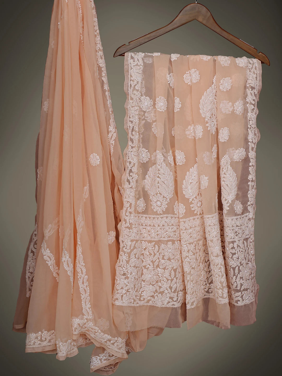 Ada Hand Embroidered Peach Georgette Lucknowi Chikankari Saree With Blouse 01A823482