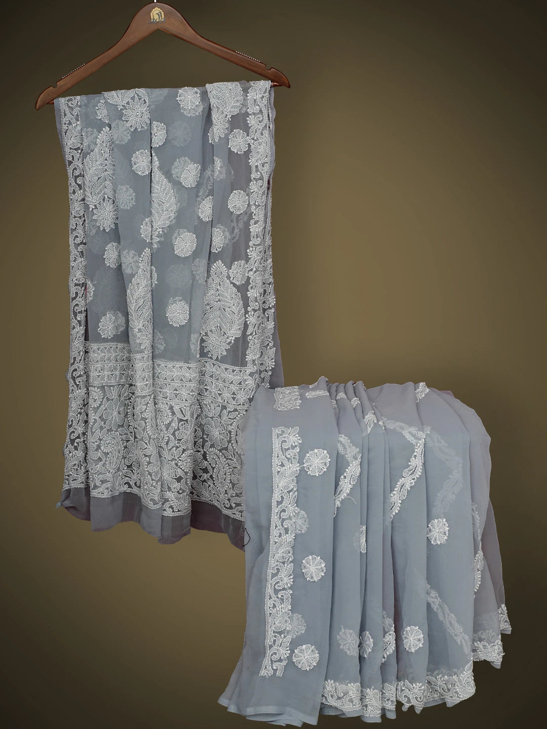 Ada Hand Embroidered Grey Georgette Lucknowi Chikankari Saree With Blouse 01A823489