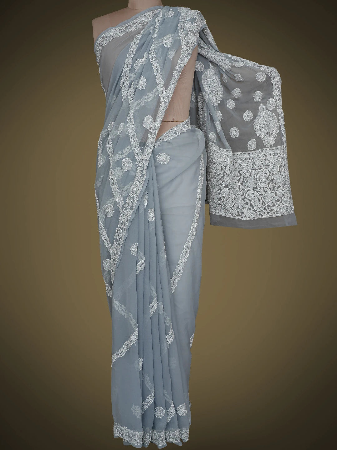 Ada Hand Embroidered Grey Georgette Lucknowi Chikankari Saree With Blouse 01A823489