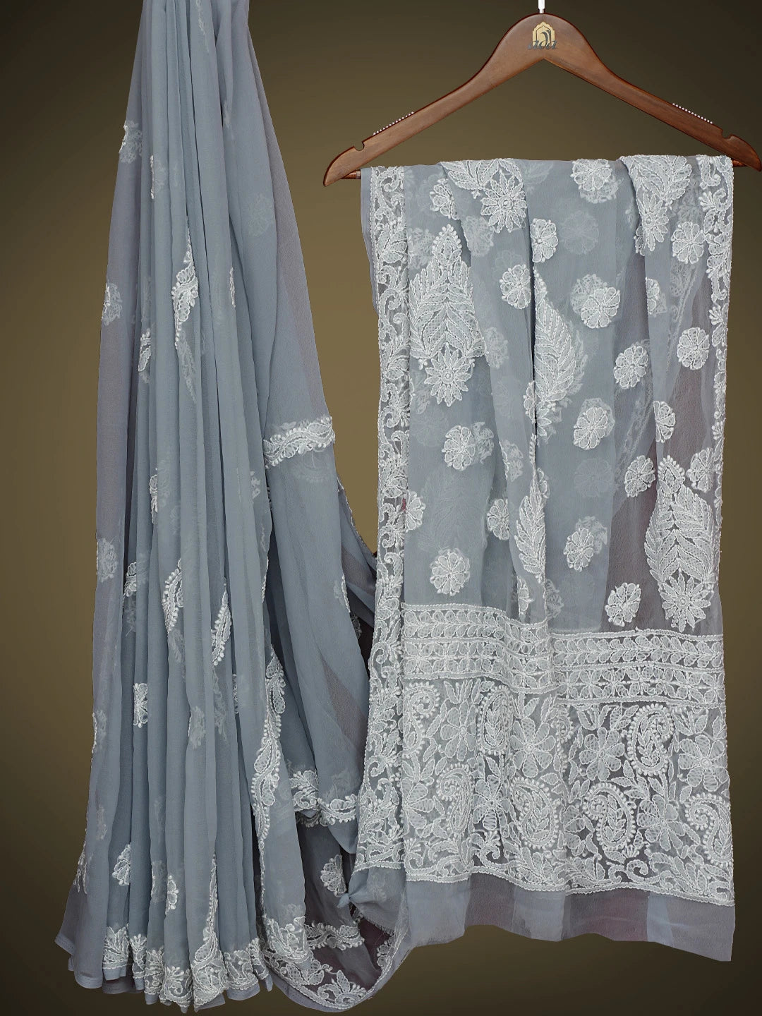 Ada Hand Embroidered Grey Georgette Lucknowi Chikankari Saree With Blouse 01A823489