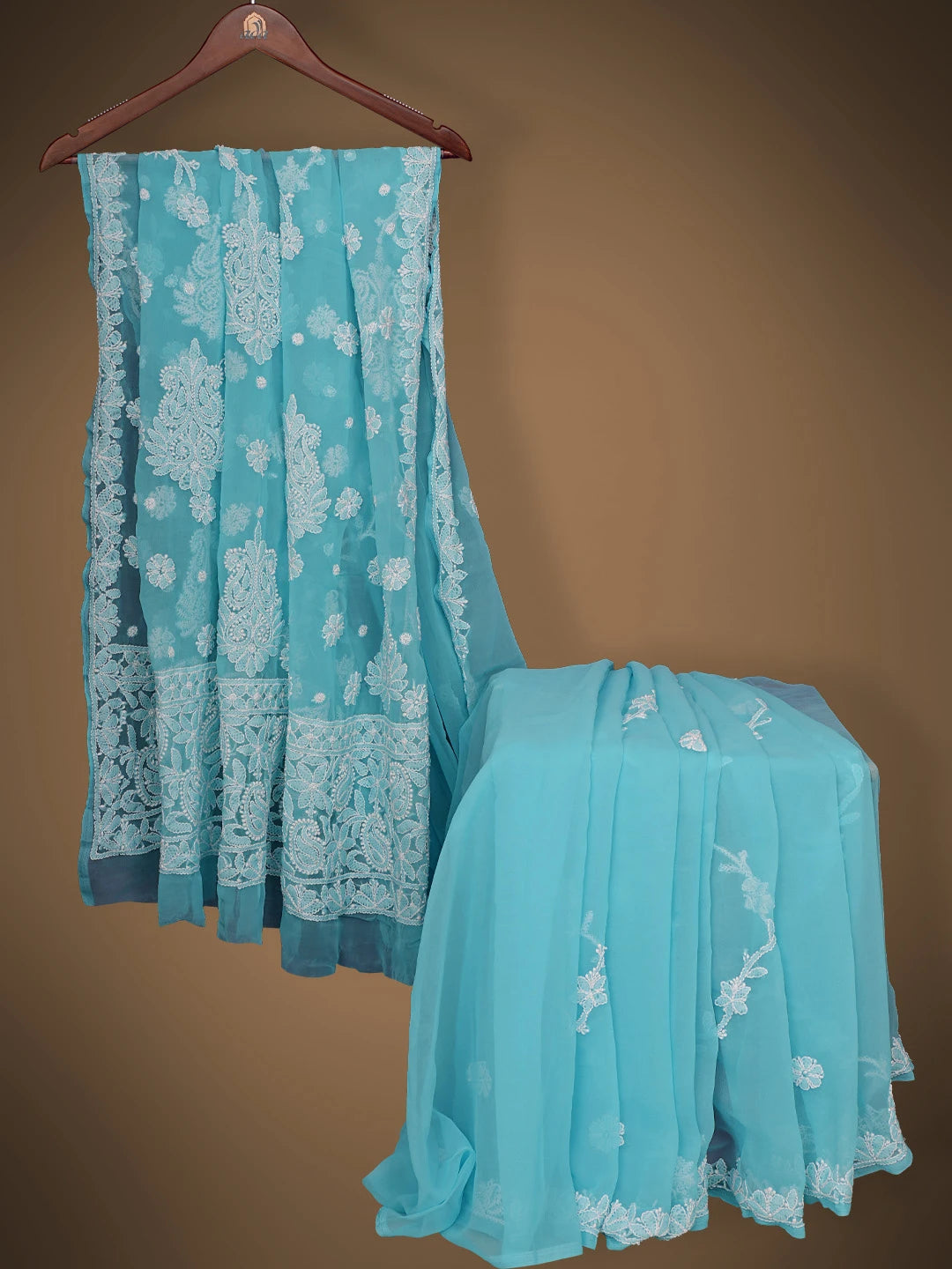 Ada Hand Embroidered Blue Georgette Lucknowi Chikankari Saree With Blouse 01A823480