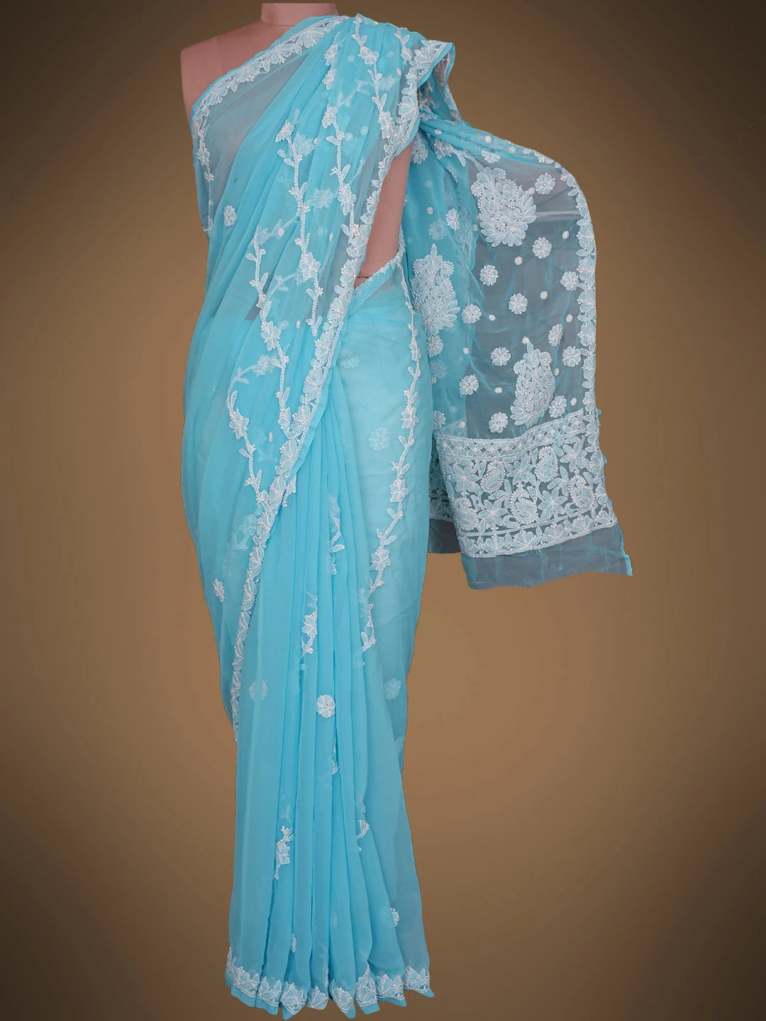 Ada Hand Embroidered Blue Georgette Lucknowi Chikankari Saree With Blouse 01A823480