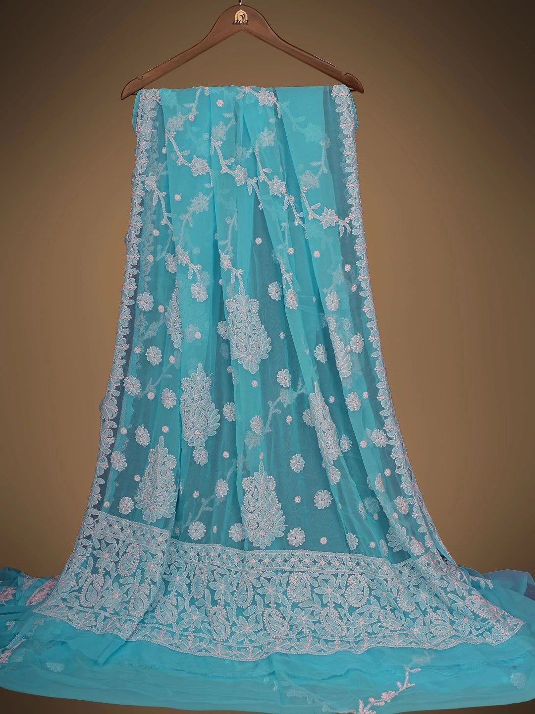 Ada Hand Embroidered Blue Georgette Lucknowi Chikankari Saree With Blouse 01A823480