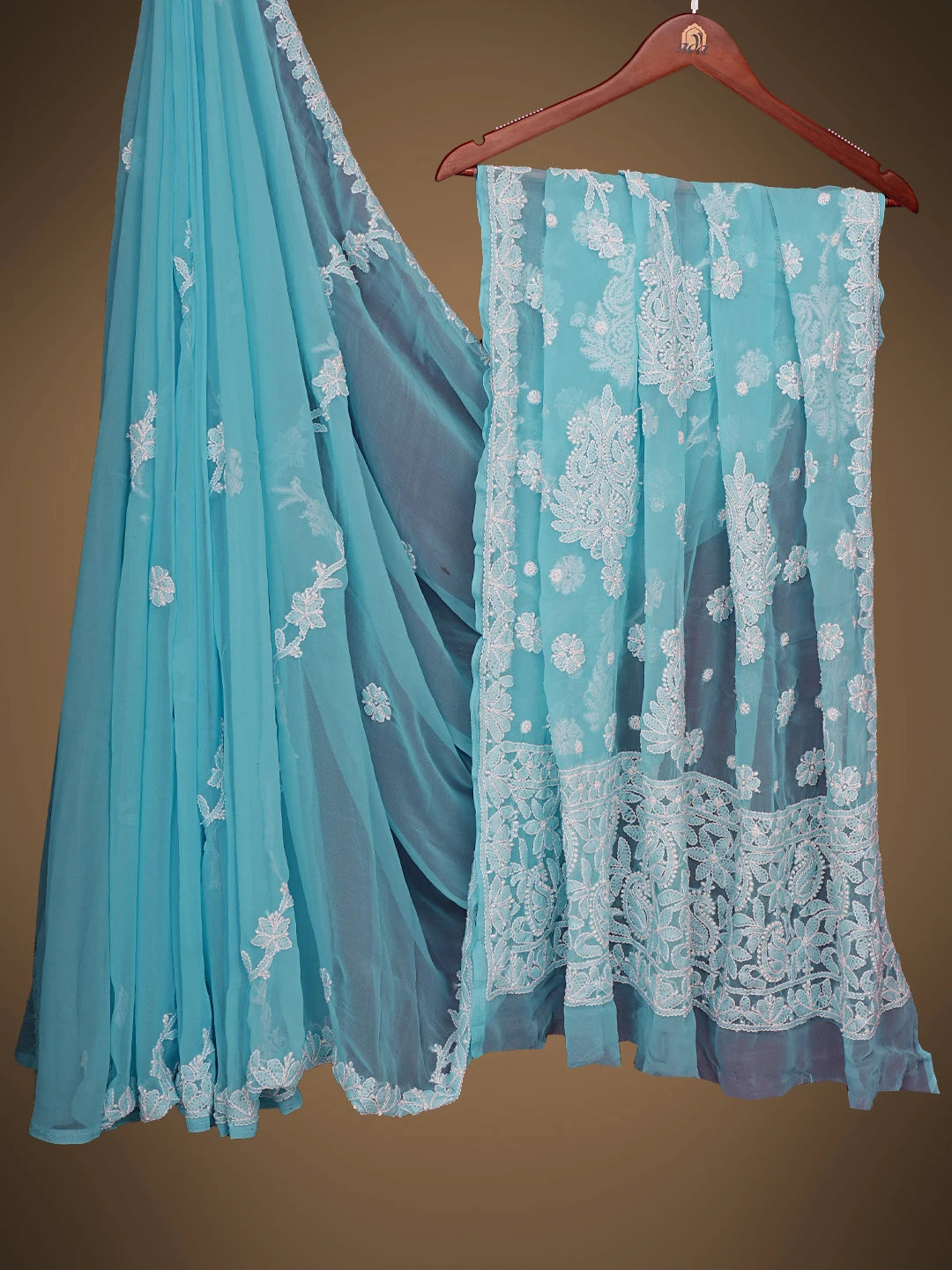 Ada Hand Embroidered Blue Georgette Lucknowi Chikankari Saree With Blouse 01A823480