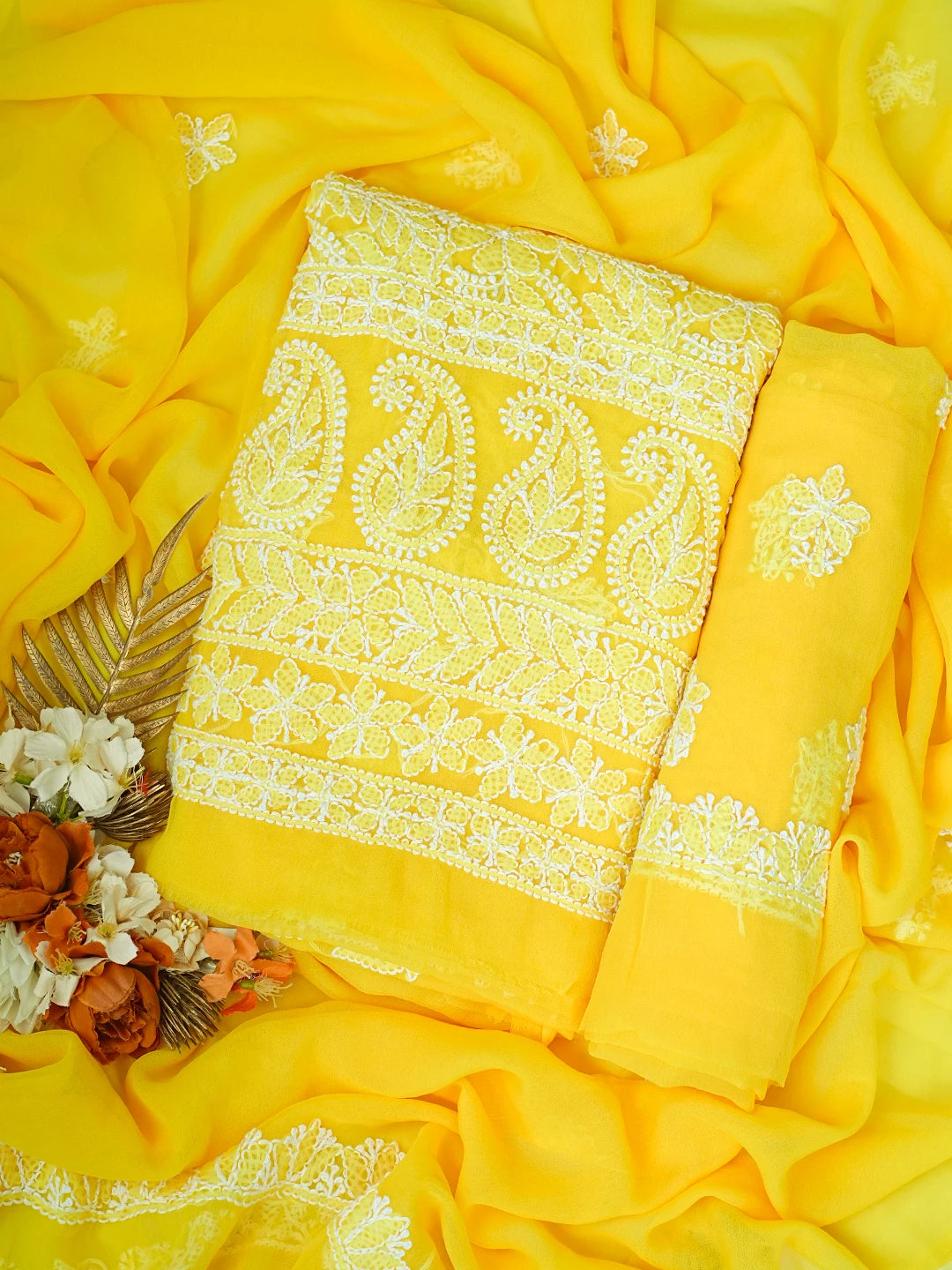 Ada Hand Embroidered Yellow Georgette Lucknowi Chikankari Unstitched Suit Piece 01A816604