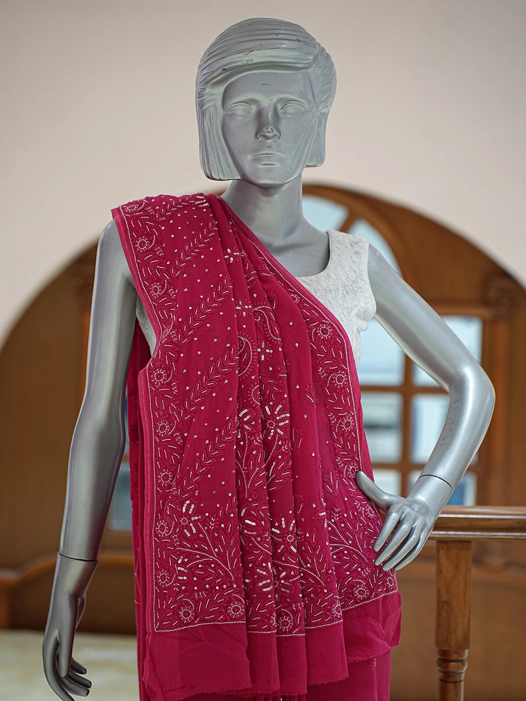 Ada Hand Embroidered Magenta Viscose Georgette Lucknowi Chikankari Saree With Blouse With Cutdana Work 01A510472