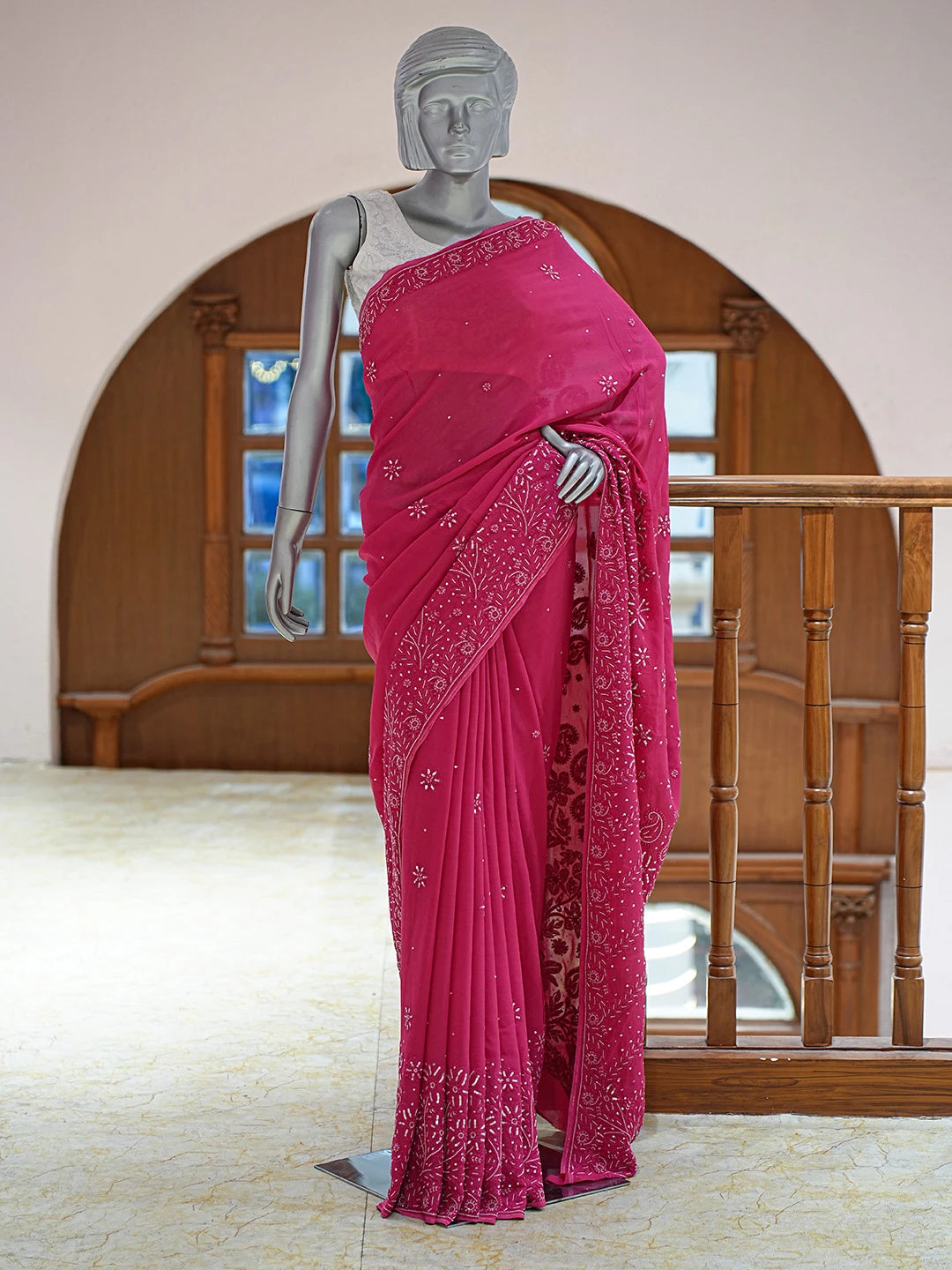 Ada Hand Embroidered Magenta Viscose Georgette Lucknowi Chikankari Saree With Blouse With Cutdana Work 01A510472