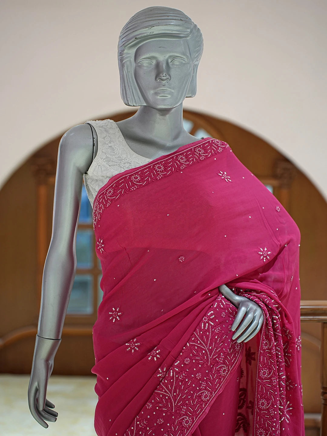 Ada Hand Embroidered Magenta Viscose Georgette Lucknowi Chikankari Saree With Blouse With Cutdana Work 01A510472