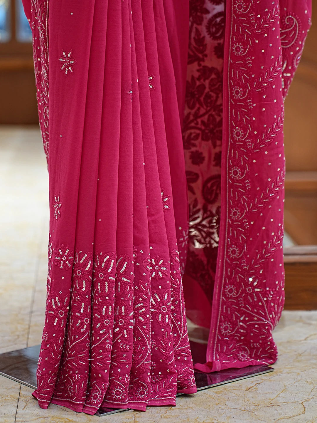 Ada Hand Embroidered Magenta Viscose Georgette Lucknowi Chikankari Saree With Blouse With Cutdana Work 01A510472