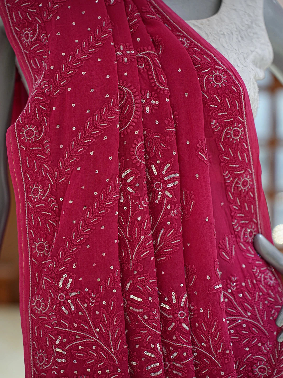 Ada Hand Embroidered Magenta Viscose Georgette Lucknowi Chikankari Saree With Blouse With Cutdana Work 01A510472