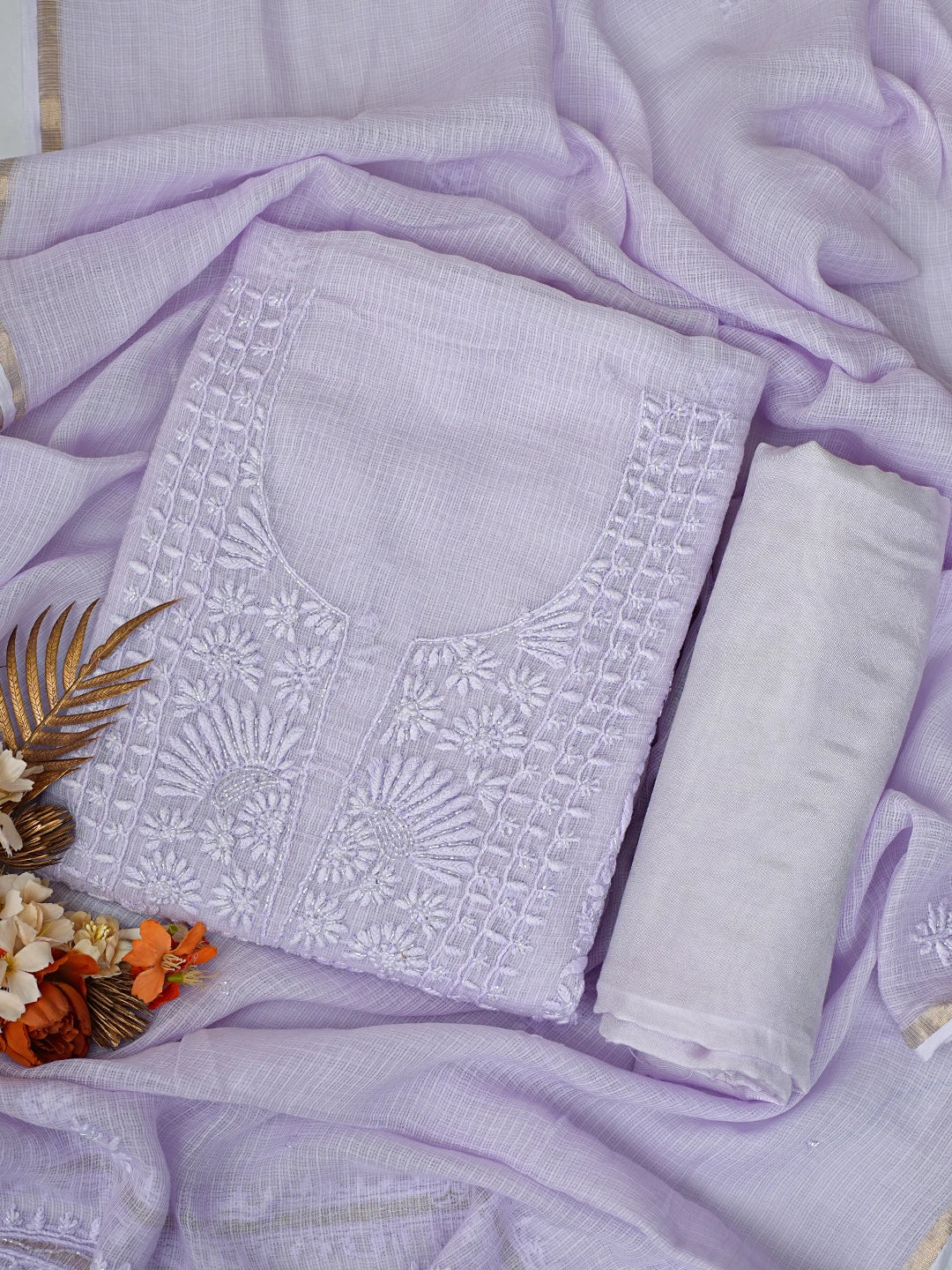 Ada Hand Embroidered Periwinkle Blue Kota Lucknowi Chikankari Unstitched Suit Piece With Cutdana Work 01A825290